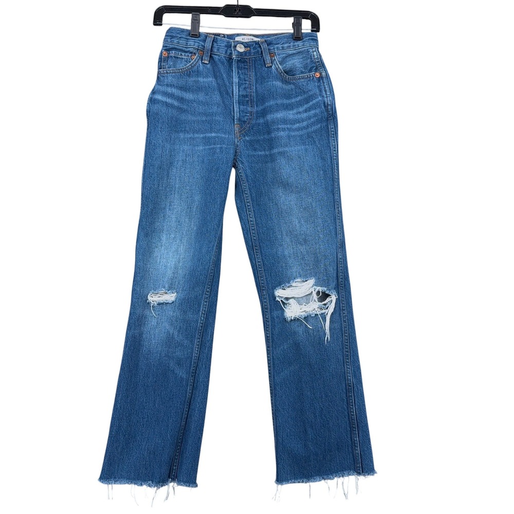 RE/DONE High Rise Wide Leg Womens 25 Cotton Destroyed Broken Blue Jeans‎